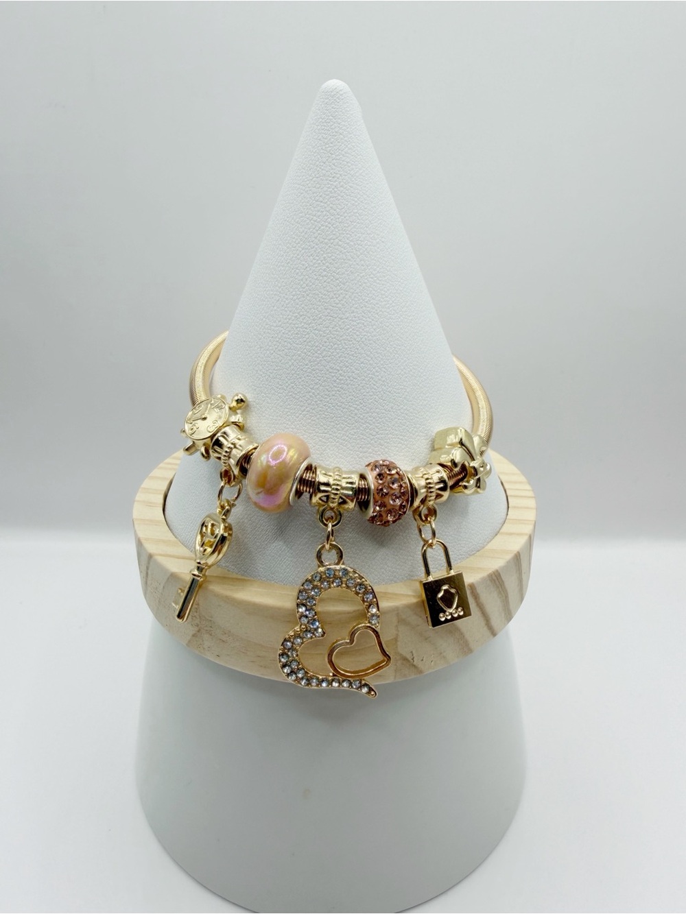 Gold Lock & Key Charm Bracelet | Pandora Style Snake Chain - Picture 8 of 10